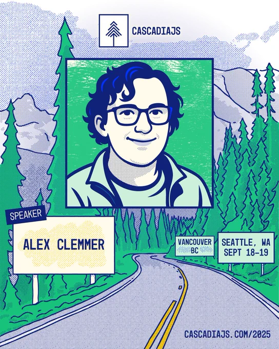 A winding road to Mt. Rainier, with an illustrated portrait of Alex Clemmer. Seattle, WA and Vancouver, BC. Sept 18-19. 
