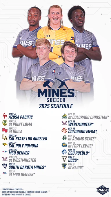 2025 Mines Men's Soccer schedule graphic featuring Ayman Bushara, Caden Allaire, Abou Bakar Berthe, Tommy Jernigan and Maxwell Stultz. They 17-match schedule includes nine dates at Stermole Soccer Stadium.