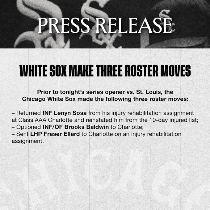 Prior to tonight’s series opener vs. St. Louis, the Chicago White Sox made the following three roster moves:
 
- Returned INF Lenyn Sosa from his injury rehabilitation assignment at Class AAA Charlotte and reinstated him from the 10-day injured list;
- Optioned INF/OF Brooks Baldwin to Charlotte;
- Sent LHP Fraser Ellard to Charlotte on an injury rehabilitation assignment.