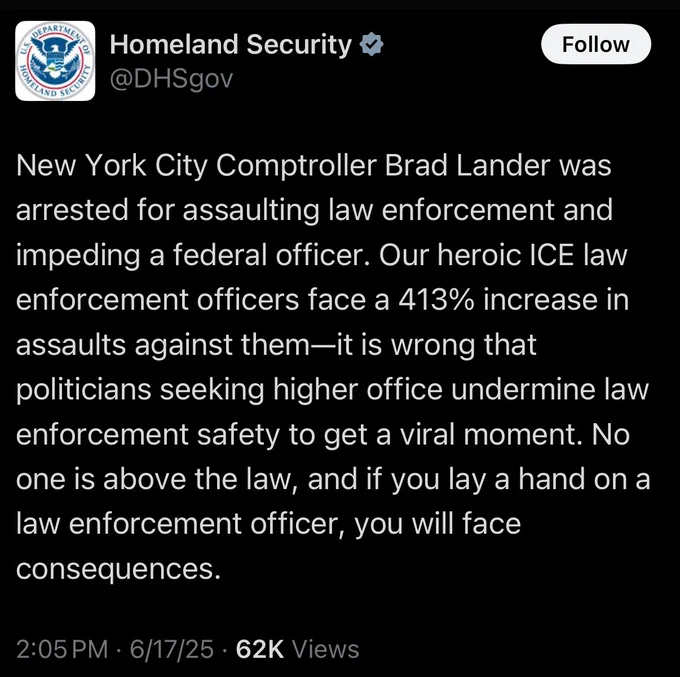 Home security account: New York City Comptroller Brad Lander was arrested for assaulting law enforcement and impeding a federal officer. Our heroic ICE law enforcement officers face a 413% increase in assaults against them—it is wrong that politicians seeking higher office undermine law enforcement safety to get a viral moment. No one is above the law, and if you lay a hand on a law enforcement officer, you will face consequences.