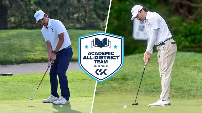Justin Rodriguez and Gordon Walker putting. Images overlaid with Academic All-District logo
