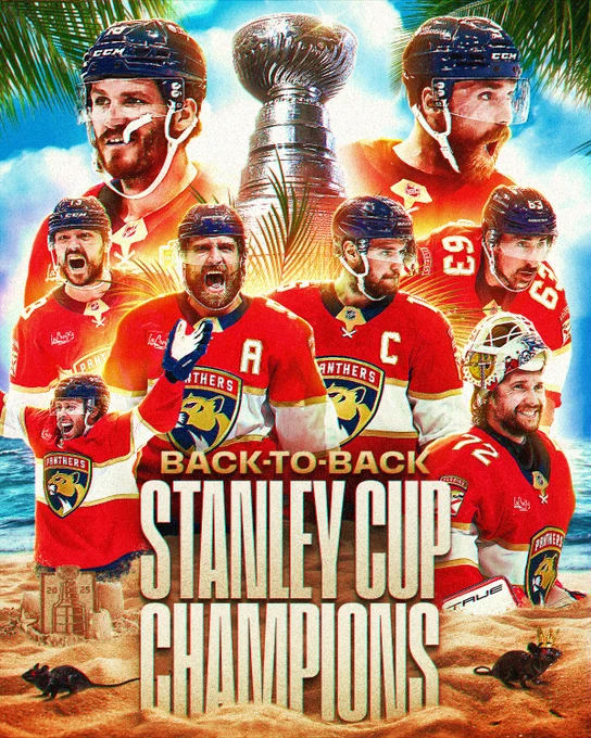 Top: The Stanley Cup stands tall in the center of a tropical background with palm tree leaves and a blue sky.

Pictured are: Matthew Tkachuk, Sam Bennett, Sam Reinhart, Aaron Ekblad, Aleksander Barkov, Brad Marchand, Carter Verhaeghe and Sergei Bobrovsky.

Bottom: Large bold text reading “BACK-TO-BACK STANLEY CUP CHAMPIONS” is embedded in sand. A few plastic rats are scattered on the beach. 