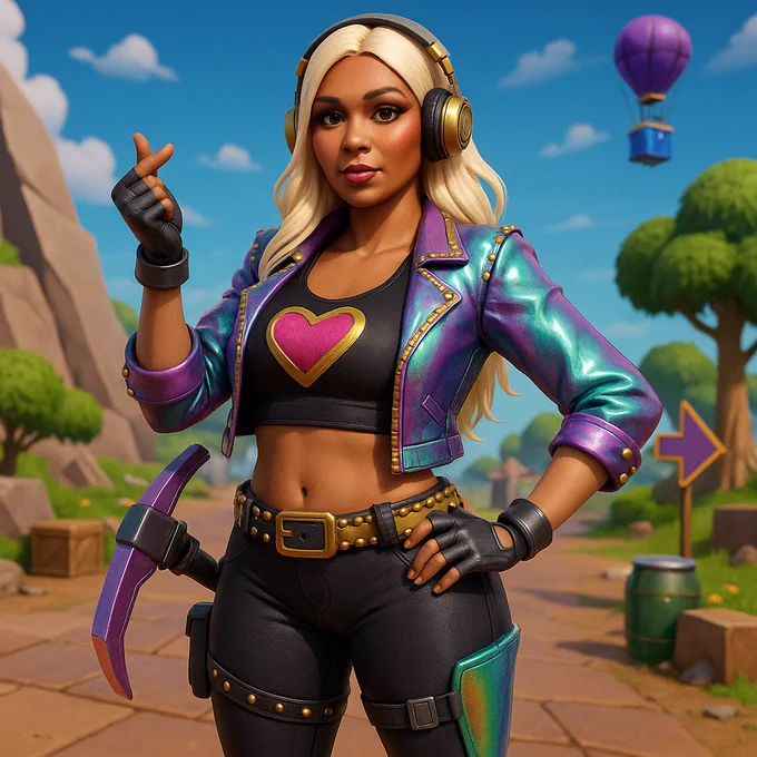 AI generated image of pop star Lizzo as a Fortnite character. 