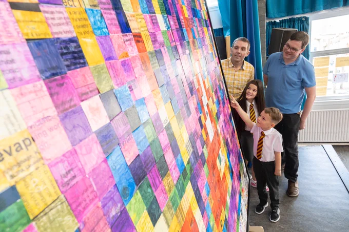 (clockwise from top left) Dr Calum Torrie of LIGO, Dr Andrew Spencer of the University of Glasgow, Cardonald Primary School P2 pupil Harry McGregor (age 6) and P7 pupil Darcie Ayton (Age 10) 