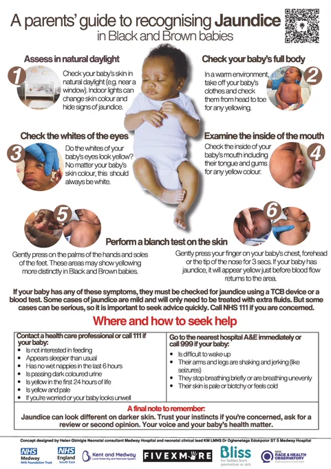 Image of the coproduced parents’ guide to recognising jaundice in Black and Brown babies. Includes photographs to support and information on where and how to seek help.