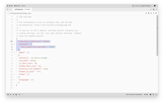 Screen grab showing a Zed tab with settings.json opened