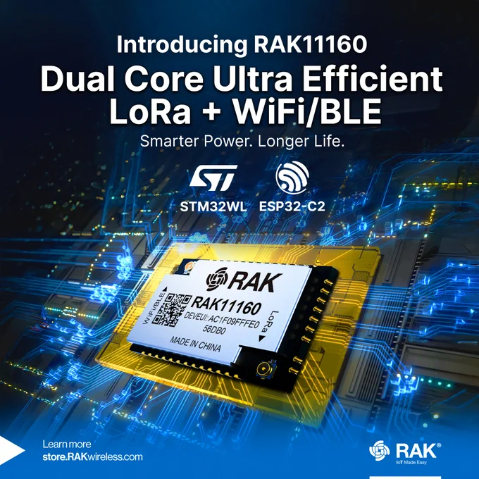 RAK11160 is a dual-core LoRaWAN module with ultra-low power use. ESP32 wakes only when needed for WiFi/BLE/cloud tasks.