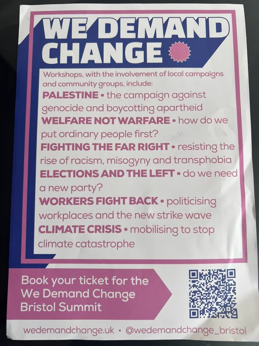 We Demand Change leaflet listing workshop discussion topics, Palestine, Welfare not warfare, Fighting the far right, Elections and the left, Workers fight back, Climate crisis.
