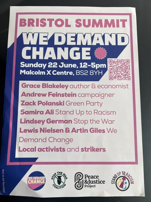 We Demand Change leaflet listing speakers Andrew Feinstein, Zack Polanski, Samira Ali, Lindsey German, Lewis Nielsen and Artin Giles as well as local speakers including Mary Page.