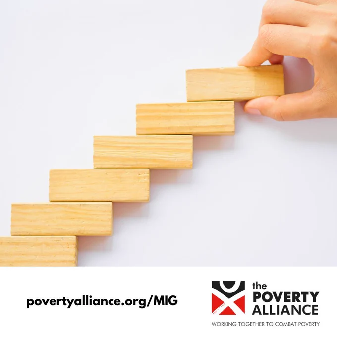 A stock image showing someone building steps using wooden building blocks. povertyalliance.org/MIG Poverty Alliance logo