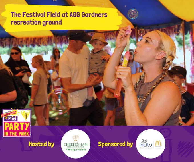 Person blowing bubbles 
Text reads "The Festival Fields at Agg Gardners recreation ground"