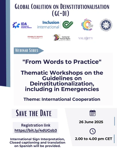 Flyer for a 26 June 2025 webinar on international cooperation and deinstitutionalization, part of the “From Words to Practice” series. Includes time, registration link, and accessibility info.