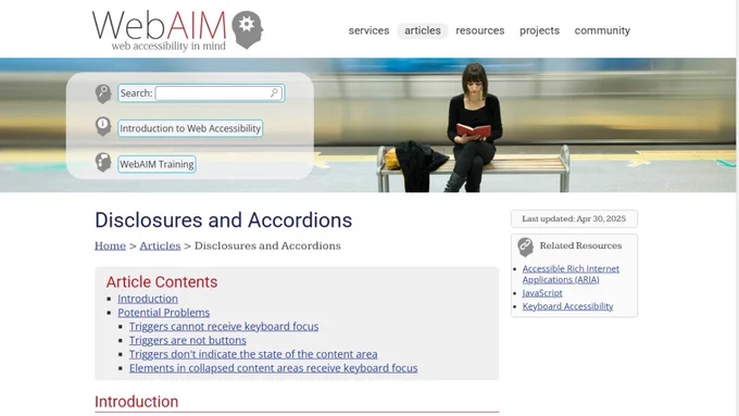 Screenshot of the top of the Disclosures and Accordions article on webaim.org.