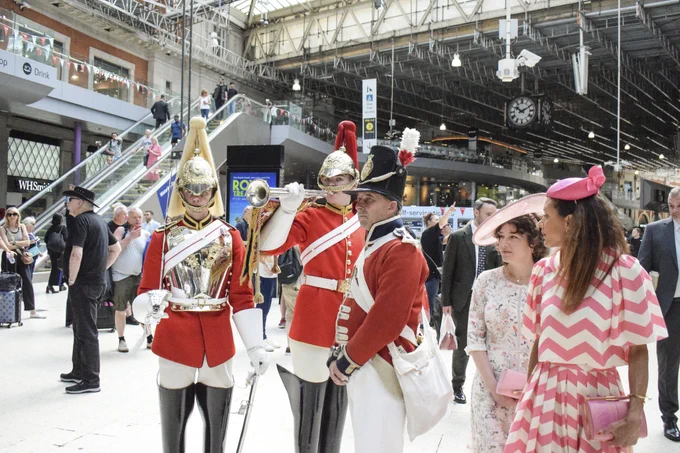 Image shows London Waterloo and Life Guards Tpr Barlow and Tpr Davis with 1815 Coldstream Guards reenactor Anthony and Ascot racegoers.