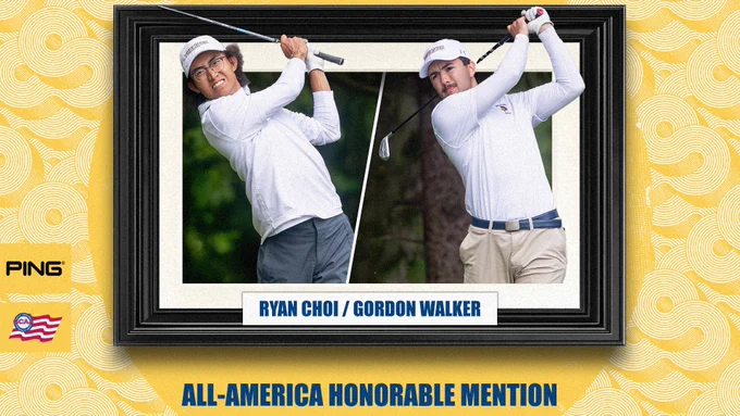 Action photos of Ryan Choi and Gordon Walker. Text reads, "All-America Honoralbe Mention"