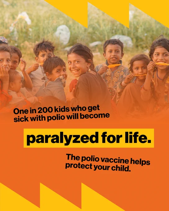 Background image overlay of 10 children eating popsicles smiling at the camera and text overlay: One in 200 kids who get sick with polio will become paralyzed for life.  The polio vaccine helps protect your child.