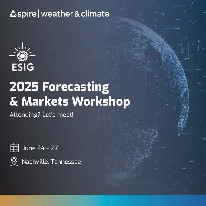 Jeffrey Wetterlin will represent Spire Weather & Climate at the ESIG 2025 Forecasting & Markets Workshop, highlighting our renewable energy forecasting solutions, including our AI-driven Power Generation Forecasts.