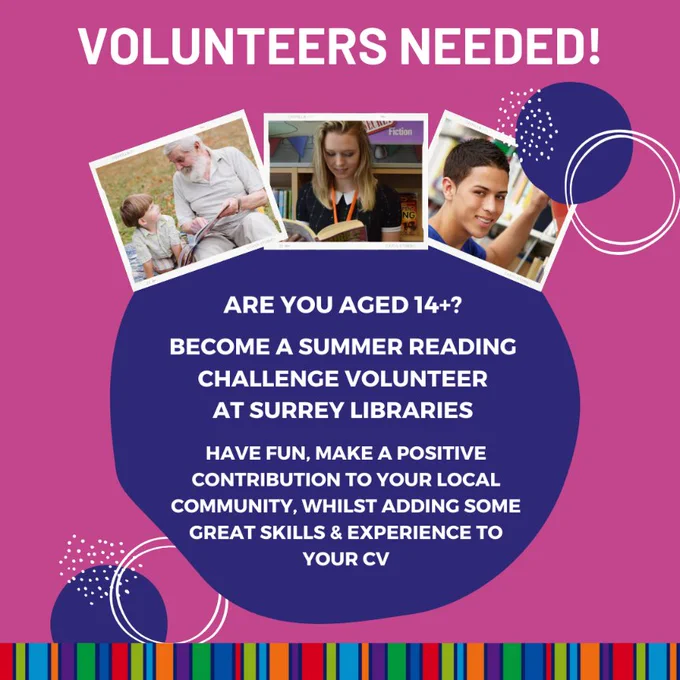 A graphic advertising volunteering vacancies for the Summer Reading Challenge at Surrey Libraries.
