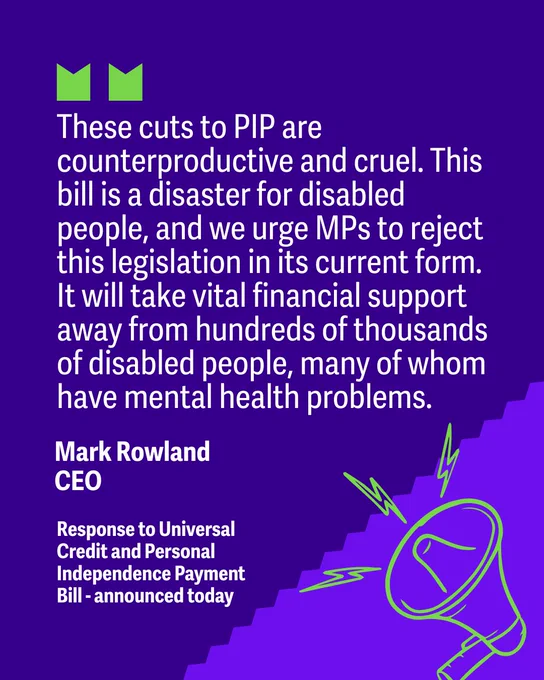 Bold text on a purple background criticizes cuts to Personal Independence Payment (PIP) as harmful to disabled people. A statement by Mark Rowland, CEO, urges MPs to reject the bill. A green megaphone illustration is in the bottom right corner.