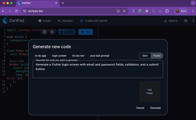 Screenshot of Gemini in DartPad.
