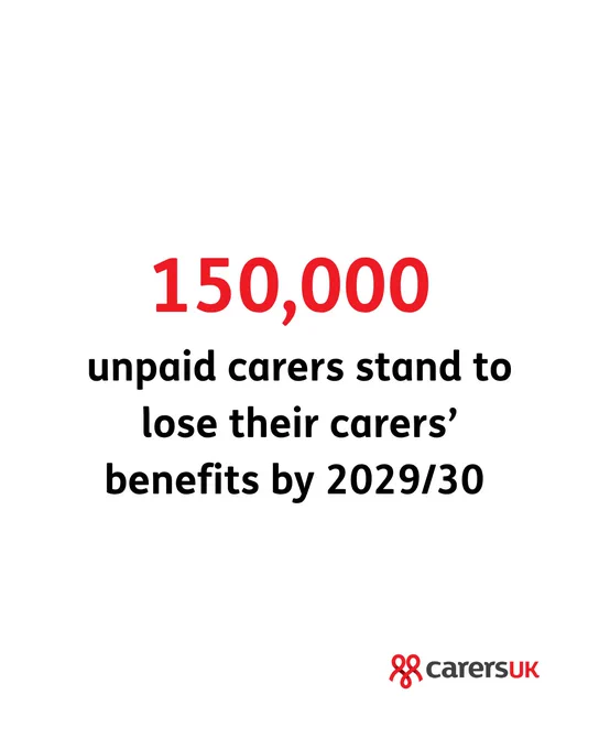 Text on a white background reads: "150,000 unpaid carers stand to lose their carers’ benefits by 2029/30." The number "150,000" is highlighted in red. The Carers UK logo is at the bottom right.