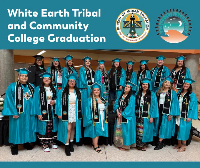 Graphic: White Earth Tribal and Community College Graduation. A group of 18 students in teal graduation regalia stand in two lines for a photo.