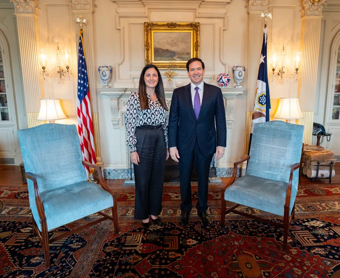 Secretary Marco Rubio meets with IACHR candidate Rosa Maria Paya at the Department of State in Washington, D.C., June 18, 2025. (Official State Department photo by Mateo S. Melendy)
