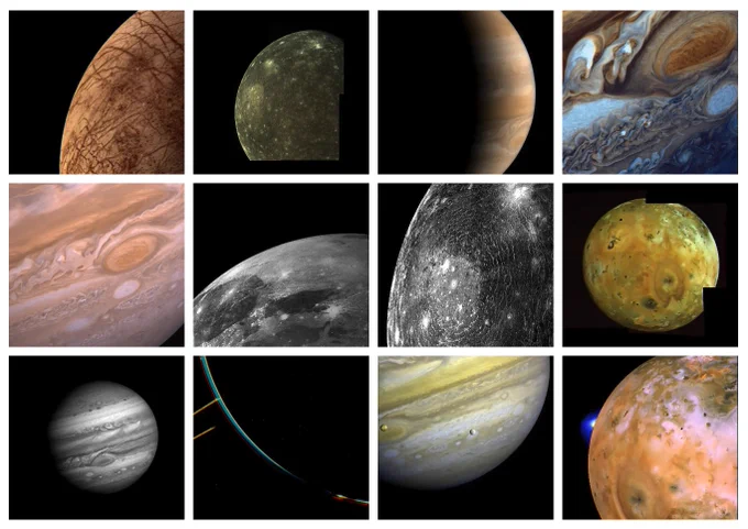 Collage of twelve images taken by NASA's Voyager spacecraft during their encounters with Jupiter and its moons. The images show: close-ups of Jupiter’s swirling cloud tops and Great Red Spot; the planet's faint ring system; and detailed views of its four largest moons—Io, Europa, Ganymede, and Callisto. The moons appear in various colors and lighting, with visible surface features such as volcanic activity on Io, icy cracks on Europa, and cratered terrain on Ganymede and Callisto.