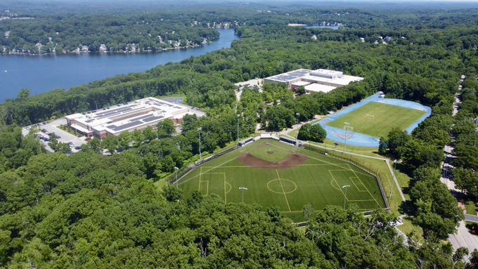 An aerial view of Marlborough Public Schools buildings and fields.