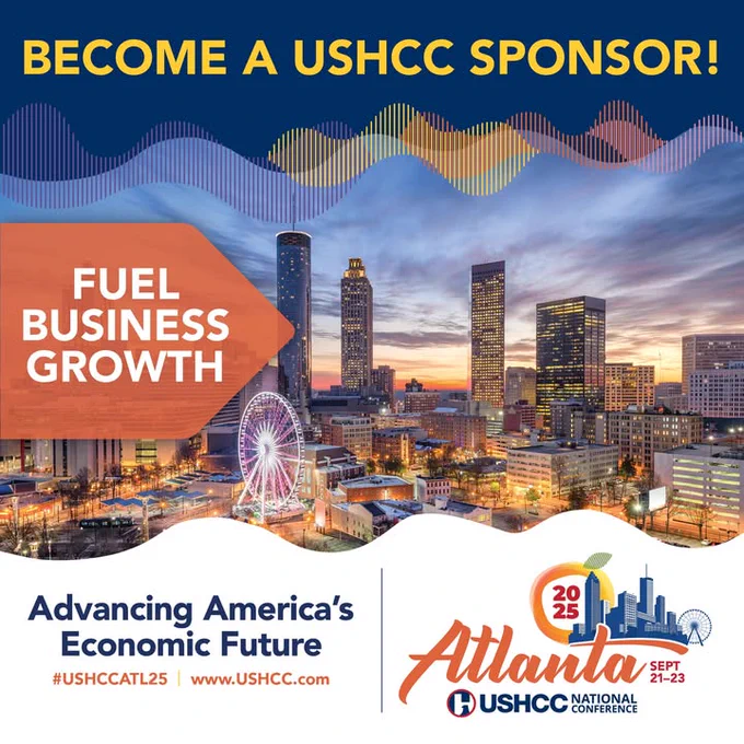 Promotional graphic for the USHCC National Conference in Atlanta, featuring a cityscape with skyscrapers and a Ferris wheel at sunset. Text encourages becoming a sponsor to fuel business growth, with event dates September 21-23, 2025.