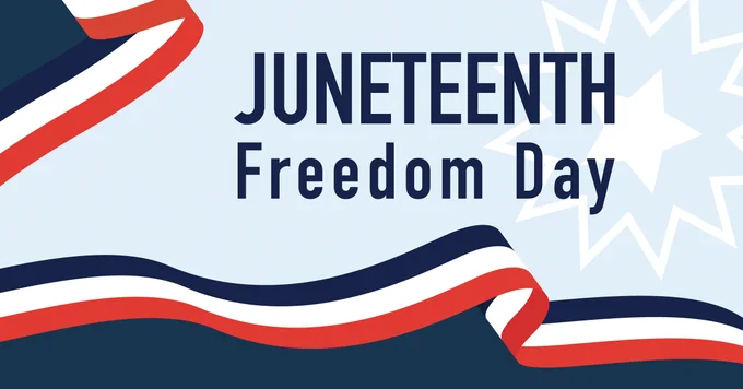 A graphic designed using elements of the official Juneteenth flag, which is red, white, and blue with a single star surrounded by a burst, representing the Lone Star State of Texas and a new beginning for African Americans. Text reads, "Juneteenth Freedom Day"