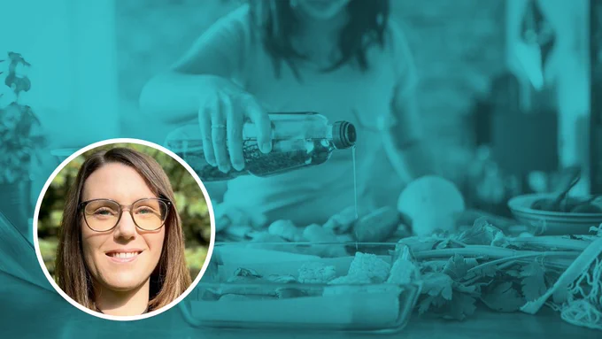 In the background there is a woman pouring oil into a pan and in the foreground, Kristina Petersen is pictured..