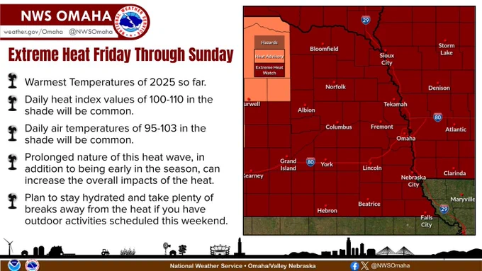 Get ready for the hottest temperatures of 2025! Heat indices will reach 100-110 in the shade Fri-Sun. Now is the time to prepare if you have outdoor plans! 