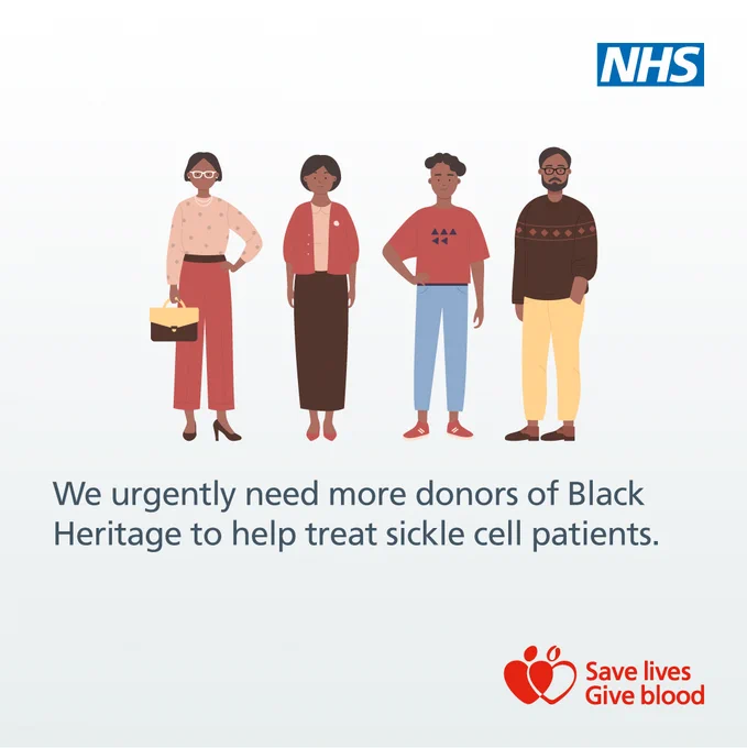 Illustration of four people with text on a white background. Text says 'We urgently need more donors of Black Heritage to help treat sickle cell patients' The NHS and give blood logos are also included on the graphic. 