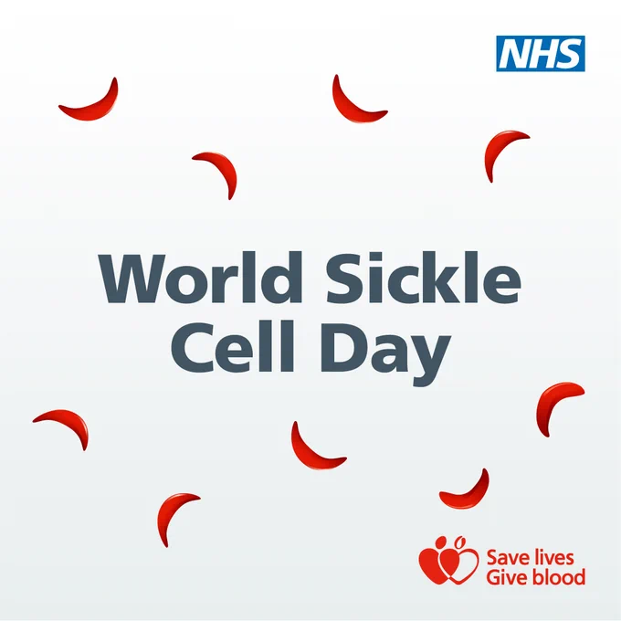 Graphic showing illustrated red sickle cells dotted around text on a white background. Includes NHS and 'Save lives Give blood' logos. Text reads: 'World Sickle Cell Day'