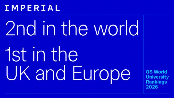 Imperial 2nd in the world, 1st in the UK and Europe, QS World University Rankings 2026