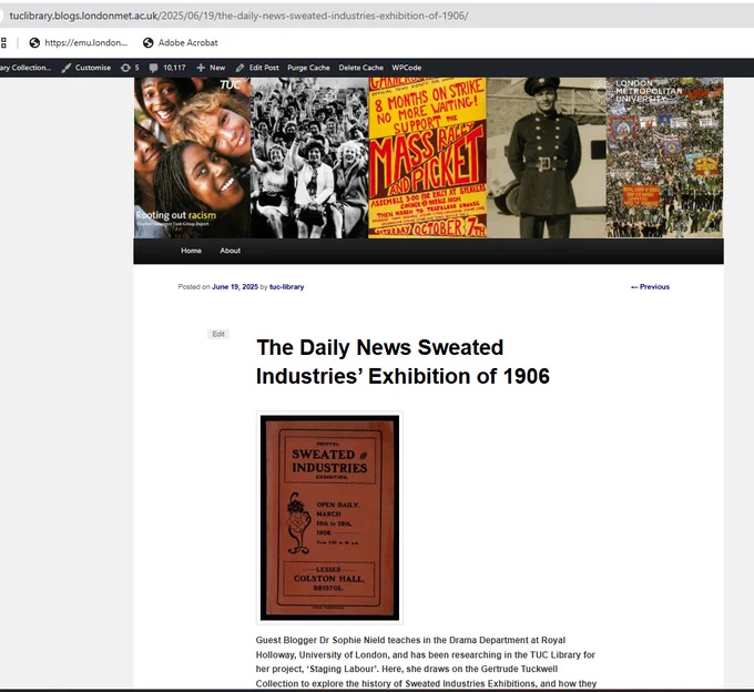 Screen grab of blog post with "Sweated Industries" exhibition pamphlet
