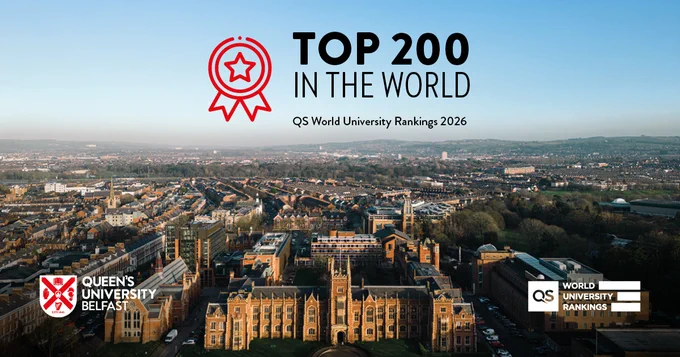 Image shows a drone shot of the Lanyon and reads: TOP 200 IN THE WORLD (QS World University Rankings 2026). The QUB and QS World University Rankings logos are featured at the top.