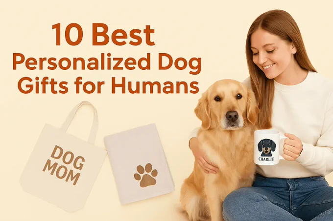 Blog banner showing “10 Best Personalized Dog Gifts for Humans”, with a smiling woman holding a dog and custom mug, tote bag, and blanket shown.
