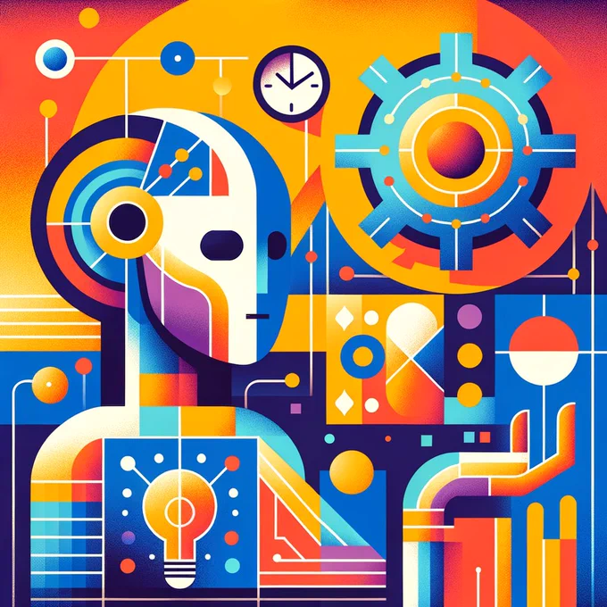 A vibrant flat design illustration depicting an abstract AI robot with a sleek, simplified head and circuitry patterns represented by bold lines. 