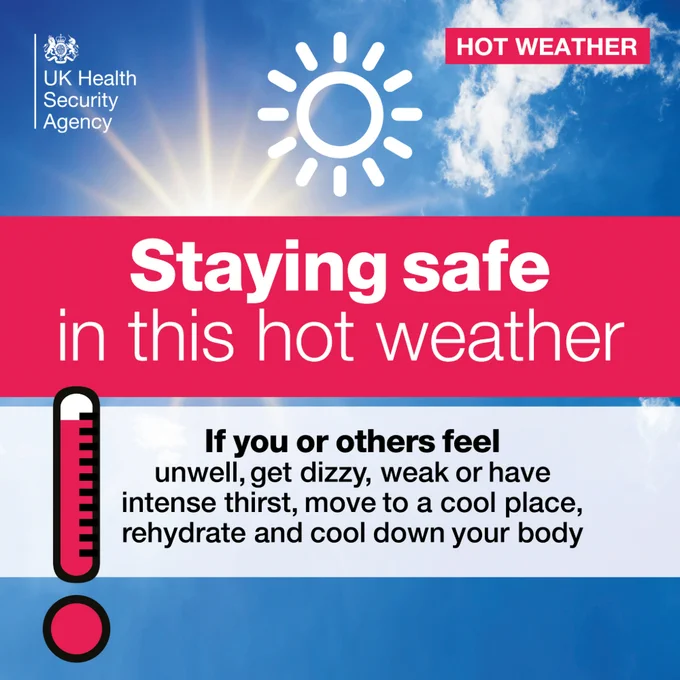 Staying safe in this hot weather
If you or others feel unwell, get dizzy, weak or have intense thirst, move to a cool place, rehydrate and cool down your body