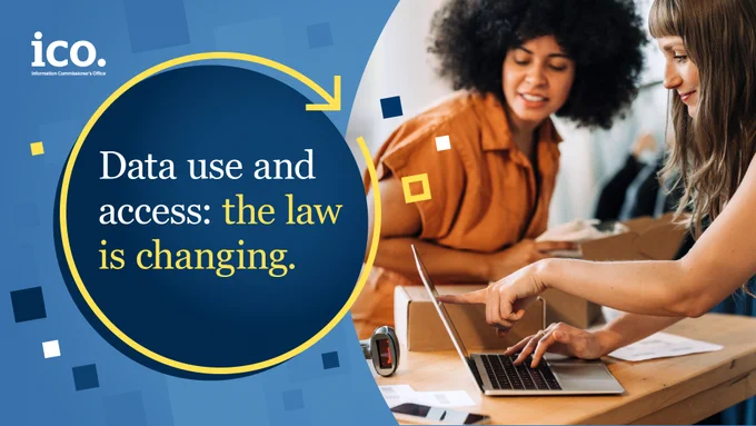 On one side two people are checking details on a laptop. The text on the other side reads: "Data use and access: the law is changing."