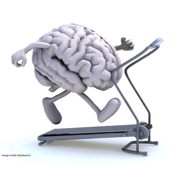 An illustration of a human brain using a treadmill.