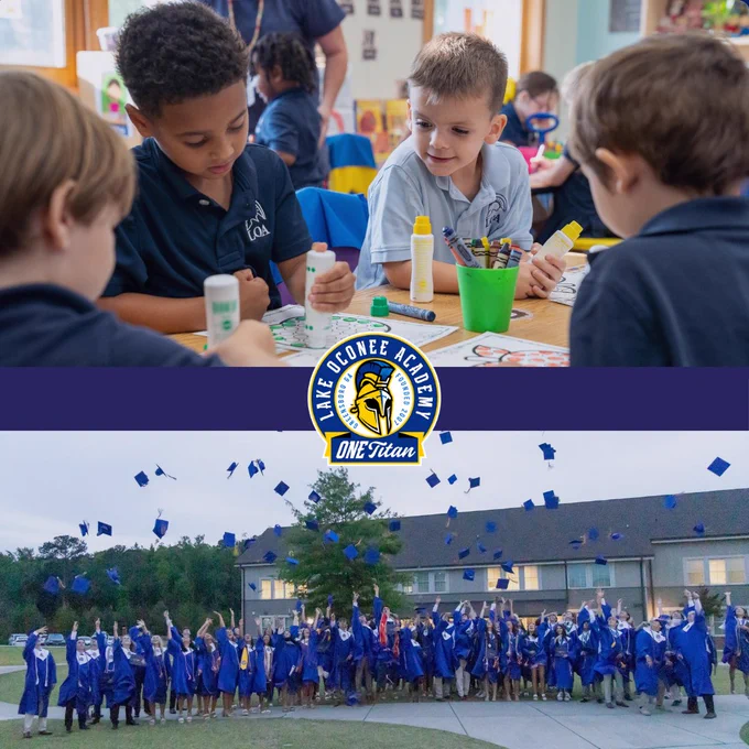 Upper image shows children engaged in classroom activities at Valor Collegiate Academies, with art supplies on the table. The lower image displays a group of students in blue graduation gowns celebrating outside, tossing their caps in the air.
