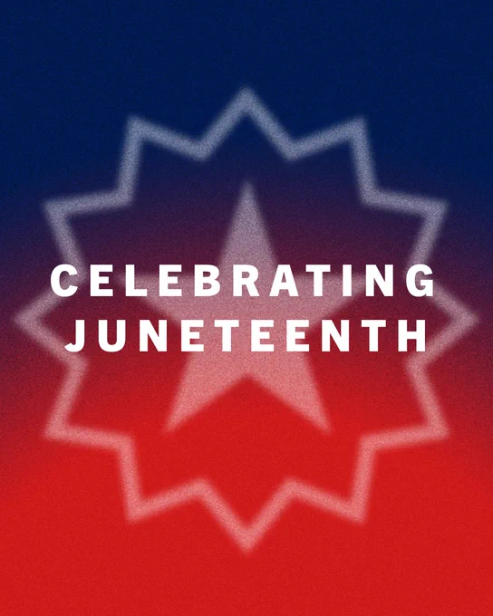Graphic poster with a red and blue background featuring blurred star shapes and text that reads "Celebrating Juneteenth.