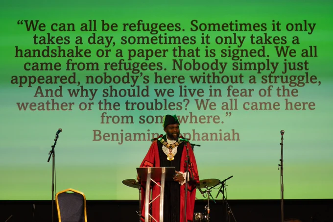 Mayor of Islington, Cllr Jason Jackson speaking at the celebratory Refugee Week event.