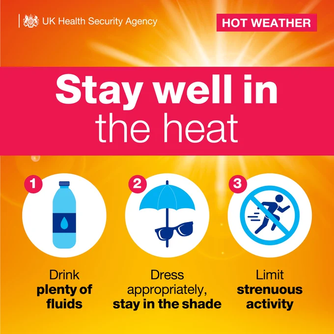 Title- Stay well in the heat 1. Drink plenty of fluids. 2. Dress appropriately, stay in the shade. 3. Limit strenuous activity 