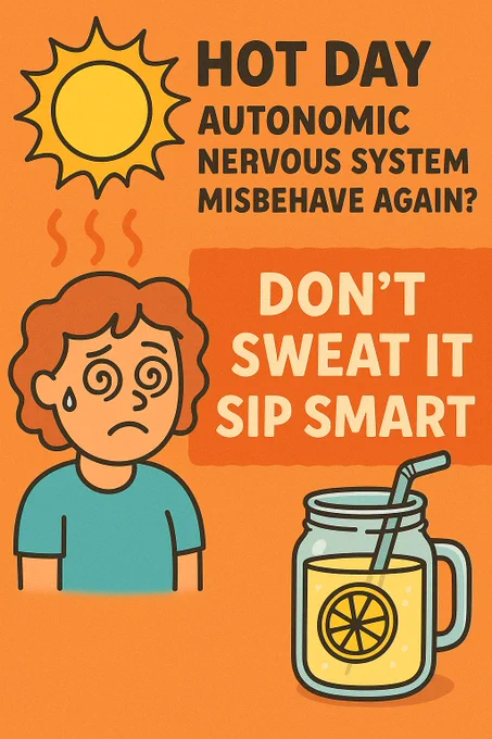  colourful cartoon-style poster with a burnt orange background shows a distressed person sweating under a large sun. Text at the top reads, “Hot day? Autonomic nervous system misbehave again?” In bold lettering below, it says, “Don’t sweat it — sip smart.” To the right, there’s a mason jar filled with a yellow electrolyte drink and a lemon slice, with a straw sticking out. The style is playful and eye-catching, aimed at raising awareness about hydration and POTS on hot days