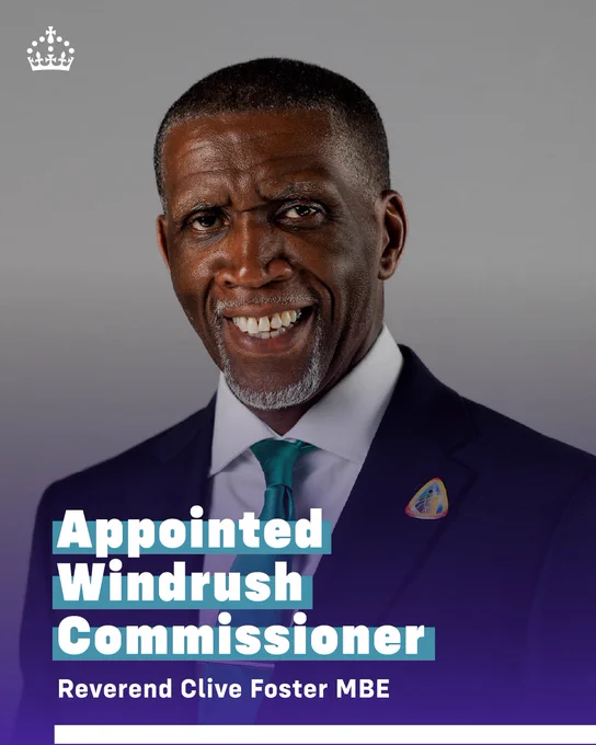 Photo of Reverend Clive Foster MBE with text that reads: Appointed Windrush Commissioner.