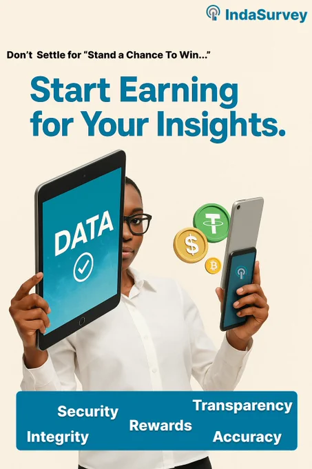 "Don’t Settle for ‘Stand a Chance to Win’..."
Too often, people are lured into surveys with promises of airtime, phones, or cash—only to walk away with nothing but lost time and misused data.
✨ At IndaSurvey, we’re building a future of trustworthy data collection—where respondents are respected, data is secure, and rewards are real.
We combine AI for accuracy, blockchain-level transparency, and a verified contributor pool to ensure integrity every step of the way.
👉 Register at indasurvey.com
📲 Share your insights.
🌍 Make an impact.
💰 Get rewarded — every time.
#IndaSurvey #DataWithIntegrity #Transparency #EthicalSurveys #Insights #CryptoRewards #AI #Blockchain
